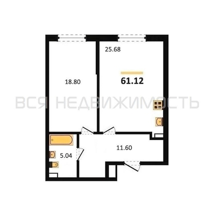 1-комнатная квартира, 61.12кв.м - изображение