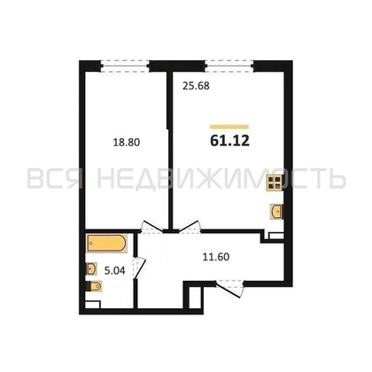 1-комнатная квартира, 61.12кв.м - изображение