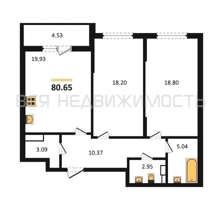 2-комнатная квартира, 80.65кв.м - изображение