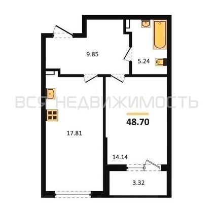 1-комнатная квартира, 48.7кв.м - изображение