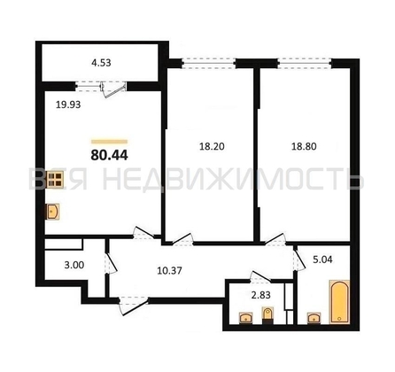 2-комнатная квартира, 80.44кв.м - изображение