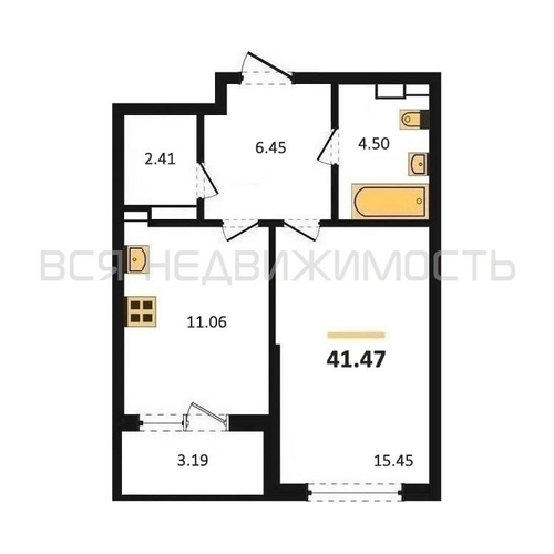 1-комнатная квартира, 41.47кв.м - изображение 0