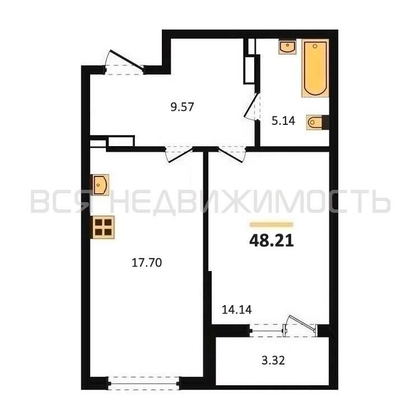 1-комнатная квартира, 48.21кв.м - изображение