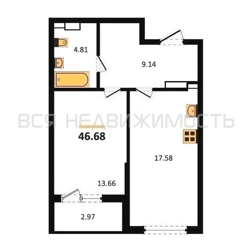 1-комнатная квартира, 46.68кв.м - изображение 0