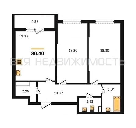 2-комнатная квартира, 80.4кв.м - изображение