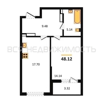 1-комнатная квартира, 48.12кв.м - изображение