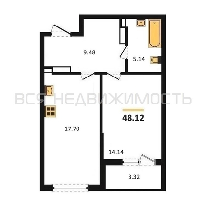 1-комнатная квартира, 48.12кв.м - изображение