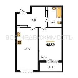 1-комнатная квартира, 48.59кв.м - изображение 1