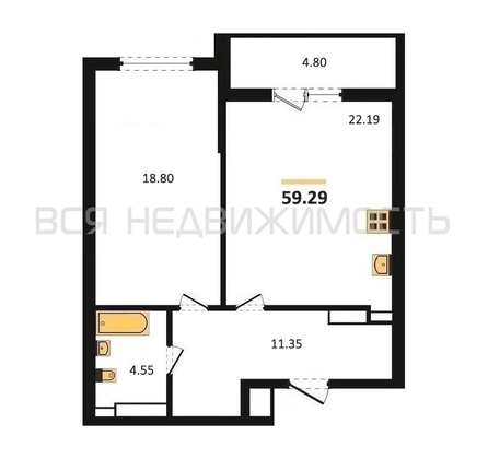1-комнатная квартира, 59.29кв.м - изображение
