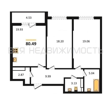 2-комнатная квартира, 80.49кв.м - изображение