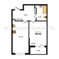1-комнатная квартира, 48.42кв.м - изображение 1
