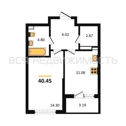 1-комнатная квартира, 40.45кв.м - изображение