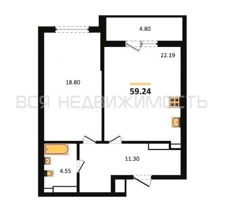 1-комнатная квартира, 59.24кв.м - изображение