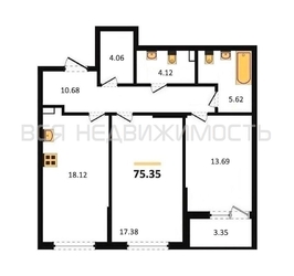 2-комнатная квартира, 75.35кв.м 2-комнатная квартира, 75.35кв.м - изображение 1