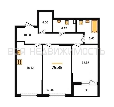 2-комнатная квартира, 75.35кв.м - изображение