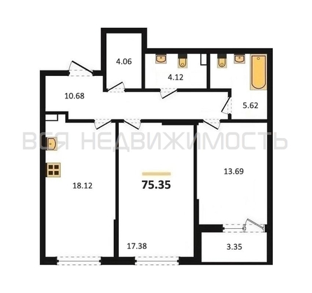 2-комнатная квартира, 75.35кв.м - изображение