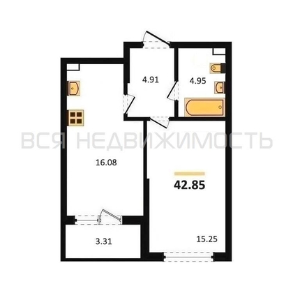 1-комнатная квартира, 42.85кв.м - изображение