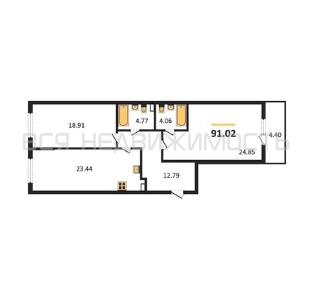 2-комнатная квартира, 91.02кв.м - изображение