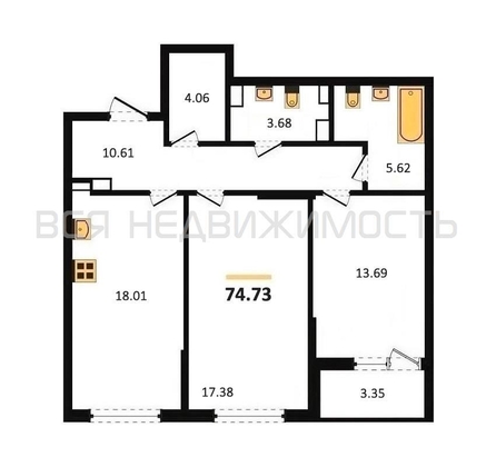 2-комнатная квартира, 74.73кв.м - изображение