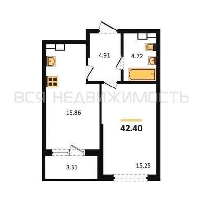 1-комнатная квартира, 42.4кв.м - изображение