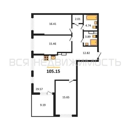 3-комнатная квартира, 105.15кв.м - изображение