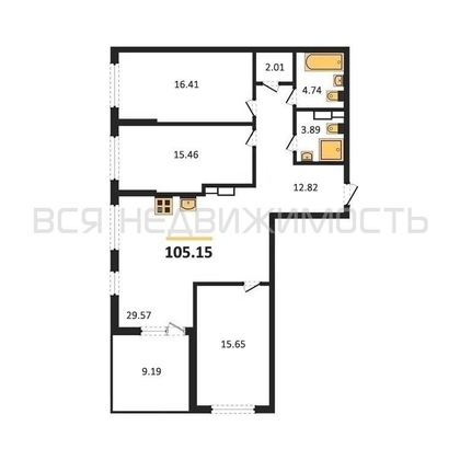 3-комнатная квартира, 105.15кв.м - изображение