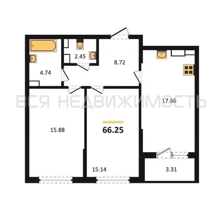 2-комнатная квартира, 66.25кв.м - изображение