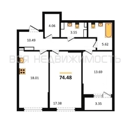 2-комнатная квартира, 74.48кв.м - изображение 1