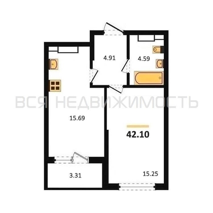 1-комнатная квартира, 42.1кв.м - изображение