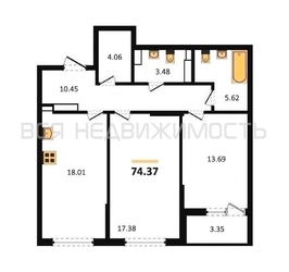 2-комнатная квартира, 74.37кв.м - изображение 1
