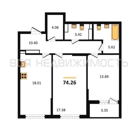 2-комнатная квартира, 74.26кв.м - изображение