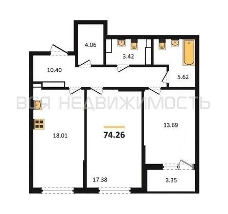 2-комнатная квартира, 74.26кв.м - изображение