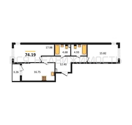 2-комнатная квартира, 73.62кв.м - изображение