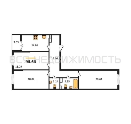 3-комнатная квартира, 96.66кв.м - изображение