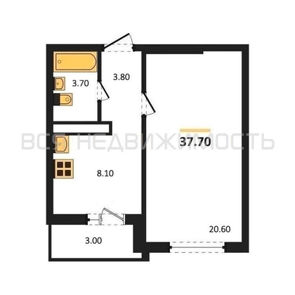 1-комнатная квартира, 37.7кв.м - изображение