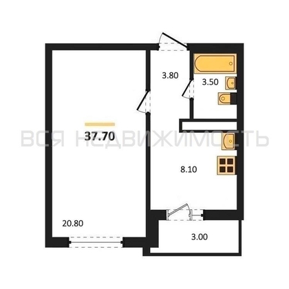 1-комнатная квартира, 37.7кв.м - изображение