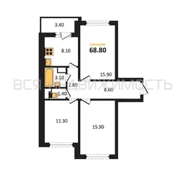 3-комнатная квартира, 68.8кв.м 3-комнатная квартира, 68.8кв.м - изображение 1