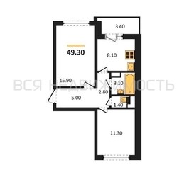 2-комнатная квартира, 49.3кв.м 2-комнатная квартира, 49.3кв.м - изображение 1