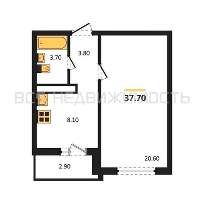 1-комнатная квартира, 37.7кв.м - изображение