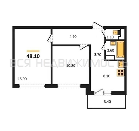 2-комнатная квартира, 48.1кв.м - изображение