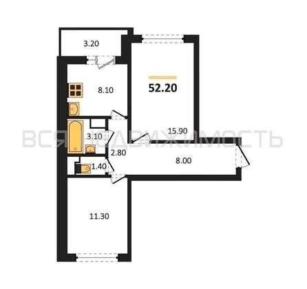 2-комнатная квартира, 52.2кв.м - изображение