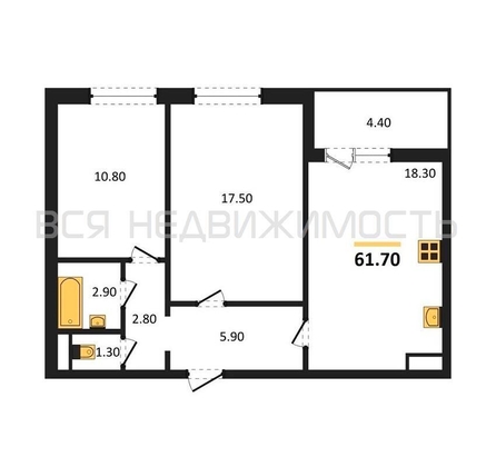 2-комнатная квартира, 61.7кв.м - изображение