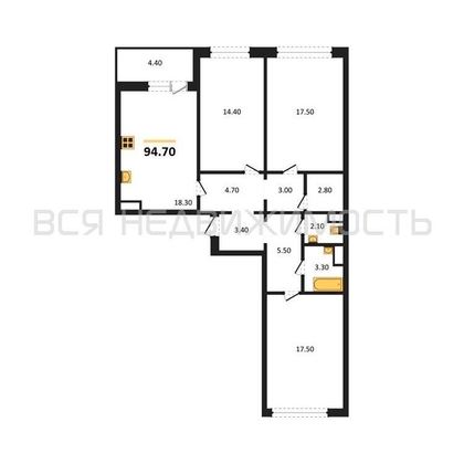 3-комнатная квартира, 94.7кв.м - изображение