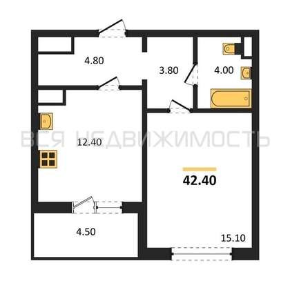 1-комнатная квартира, 42.4кв.м - изображение