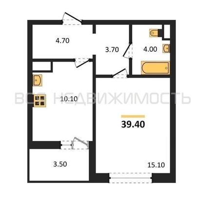1-комнатная квартира, 39.4кв.м - изображение