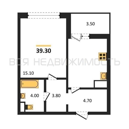 1-комнатная квартира, 39.3кв.м - изображение
