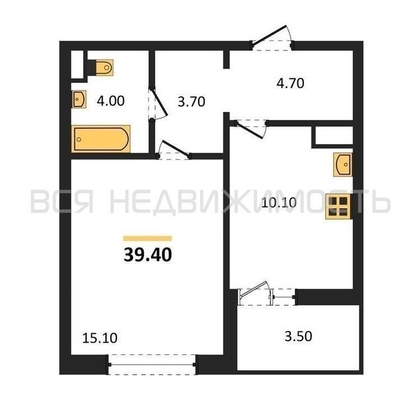 1-комнатная квартира, 39.4кв.м - изображение