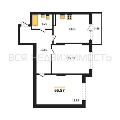 2-комнатная квартира, 65.87кв.м - изображение