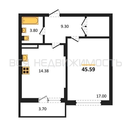 1-комнатная квартира, 45.59кв.м - изображение