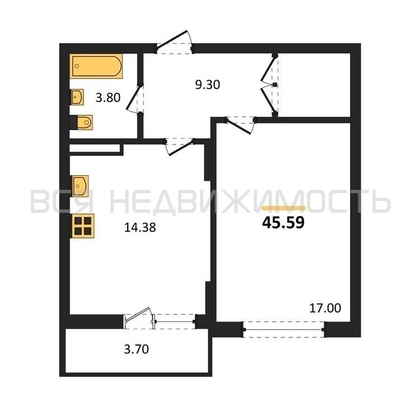 1-комнатная квартира, 45.59кв.м - изображение